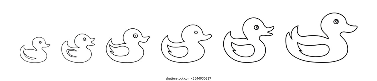 Conjunto de ilustración de contorno negro de seis patos de goma y patitos en una fila aislada sobre un fondo blanco. Concepto de juguetes de los niños, diversión del tiempo del baño, Elementos de diseño simples, iconos animales lindos.