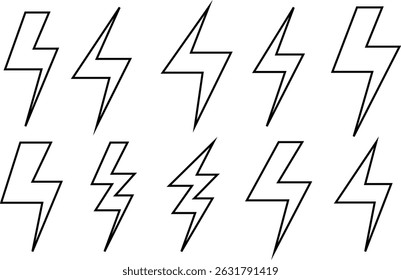 set of black outline lightning bolt vector illustration.