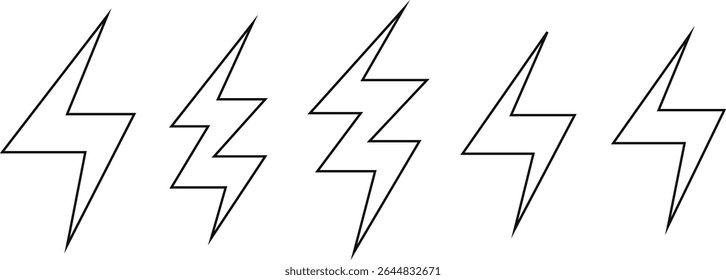 set of black outline lightning bolt, electric thunderbolt, lightning strike, vector illustration.