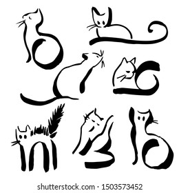 Set of black outline line cats. Contour sketch cat poses, emotions, movements. Lots of doodles hand drawn in pen brush style.
