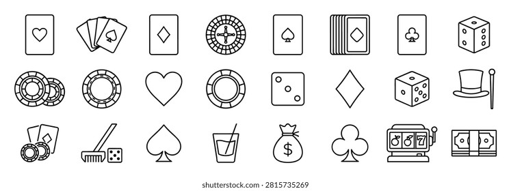Set of black outline linear casino and gambling icons including cards, chips, dice, roulette, slot machine, money bag, and cocktail glass on transparent background