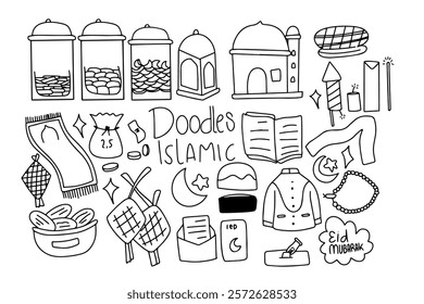 Set of black outline on ramadan doodles element
