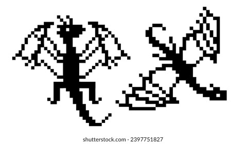Set of black outline pixel flying dragons isolated on white. Pixel art style design for new year 2024 package, home textile, embroidery, clipart, sticker, poster, t-shirts print.
