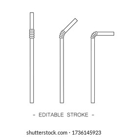 Set of black outline plastic straw on white background. Line design. Editable stroke.