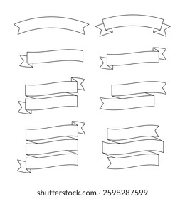 Set of Black Outline Ribbon Banners and Labels - Flat Design Illustration