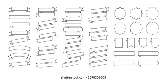 Set of Black Outline Ribbon Banners, Bookmarks, round Badge and Labels - Flat Design Illustration