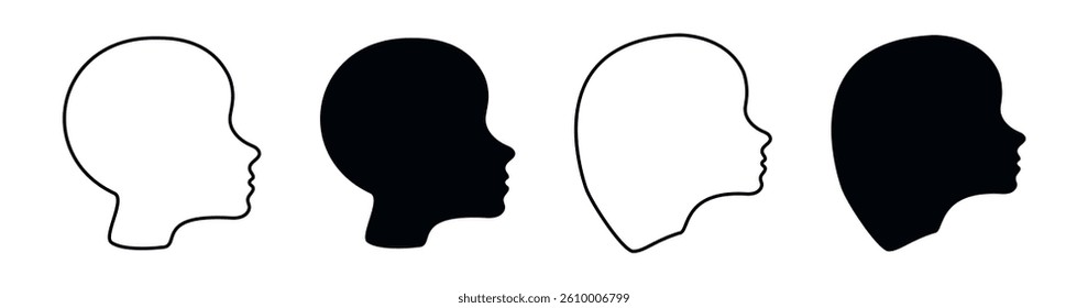 Set of black outline and silhouette profile faces of men, women. Minimalist graphic art of heads of children. Concept of Human Profile, Kids Art, Icons, Design Elements. Isolated on white background.