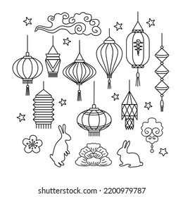 Set of black outline sketches with rabbits, lanterns, cloud, stars. Design element for decoration Chinese new year, Lantern Festival, party vector illustration.