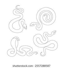 Set of black outline snakes. Isolated black line viper and cobra on white background. Page of coloring book.