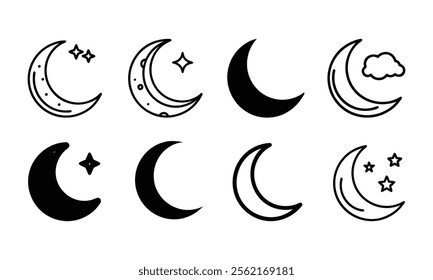 Set of black outline and solid vector icons featuring crescent moons with stars, clouds, and decorative details, ideal for nighttime, astronomy, and celestial-themed designs.  
