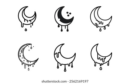 Set of black outline and solid vector icons featuring crescent moons with stars, clouds, and decorative details, ideal for nighttime, astronomy, and celestial-themed designs.  
