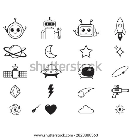 Set of black outline space robots and planets icons. Includes cute robots, rockets, stars, moon, satellites, UFOs, astronauts, galaxies, comets, space guns, crystals, lightning bolts, hearts, clouds, and sun icons. Perfect for sci-fi, cosmic, or children's designs.