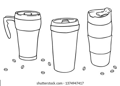 Set black outline thermo cups on white background