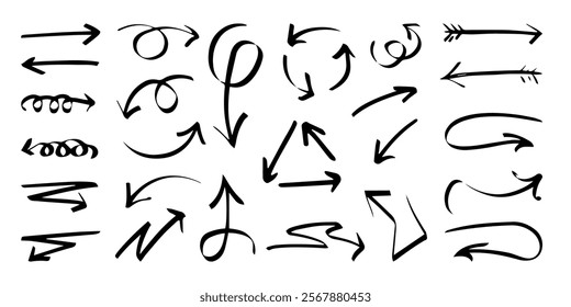 Set of black outline thick arrows, freehand pointers, decorative graphic stickers. Vector design element set, handmade.