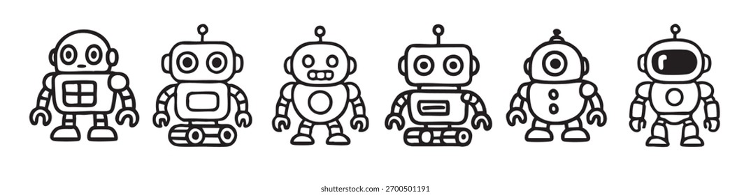 Set of Black outline of various cute robot toys isolated on white background, graphic illustration. concept of icon, futuristic design, playful robot, tech-inspired character.