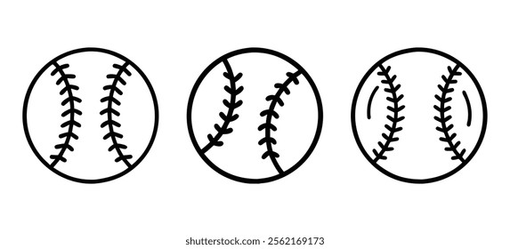 Set of black outline vector icons featuring baseballs with detailed stitching patterns, ideal for sports, recreation, and minimalist-themed designs.  
