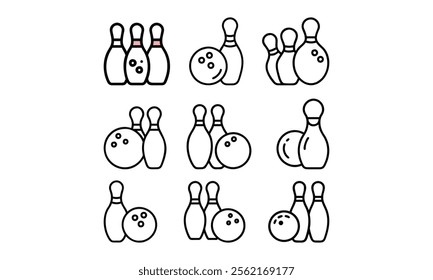 Set of black outline vector icons featuring bowling pins and balls in various arrangements, ideal for sports, recreation, and bowling-themed designs.  
