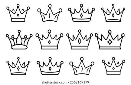 Set of black outline vector icons featuring various crown designs with detailed shapes and patterns, perfect for royalty, luxury, achievement, and decorative-themed designs.  
