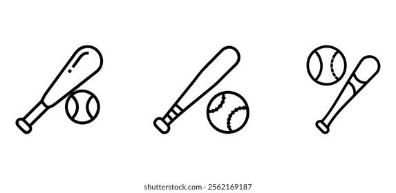 Set of black outline vector icons featuring baseball bats and balls in various arrangements, ideal for sports, recreation, and baseball-themed designs.  
