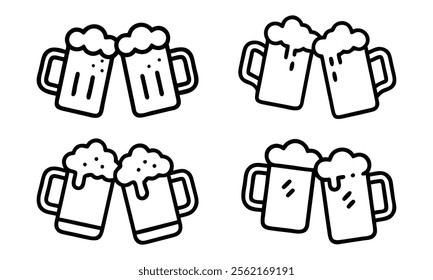 Set of black outline vector icons featuring clinking beer mugs with foam, perfect for celebrations, parties, Oktoberfest, and brewery-themed projects.  
