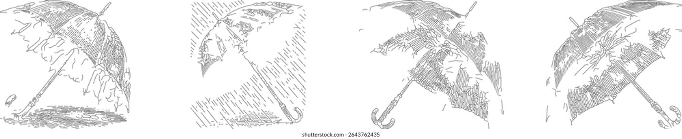 Set of Black Outline Vector Illustrations of Opened Umbrellas – Hand Drawn Minimalist Line Art Collection for Weather, Fashion