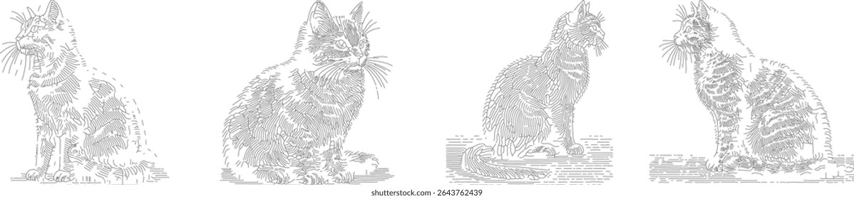Set of Black Outline Vector Illustrations of a Sitting Cat Side View – Detailed Line Drawing Silhouette Animal Art for Pet Design