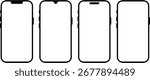 Set of black outline vector silhouettes of smartphones. The collection includes modern mobile phone shapes with notches and rounded corners.