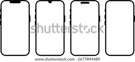 Set of black outline vector silhouettes of smartphones. The collection includes modern mobile phone shapes with notches and rounded corners.