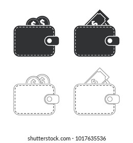 Set of black and outline wallet icons on transparent background. Wallet with coins and notes. Flat vector illustration. Isolated
