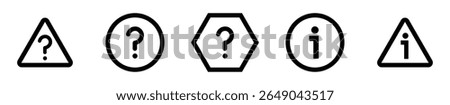 Set of black outline warning sign icons featuring question marks inside triangles circles and hexagons along with information symbols representing alert inquiry help and notification concepts
