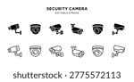 Set of black and outlined security camera icons