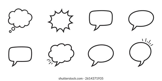 Set of black outlined speech and thought bubble icons on transparent background, perfect for comics, chat interfaces, or design elements.