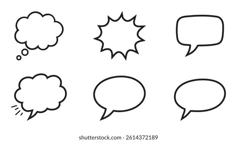 Set of black outlined speech and thought bubble icons on transparent background, perfect for comics, chat interfaces, or design elements. Icons, vector.