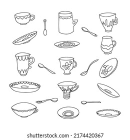 Set of black outlines of cups, saucers and spoons. Doodles of kitchen utensils. Setting the table for tea. Vector.