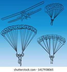 set of black outlines of flying parachutists and sports plane isolated on blue background
