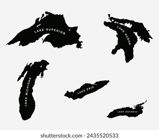 Set of black outlines of the Great Lakes on a white background. Vector illustration