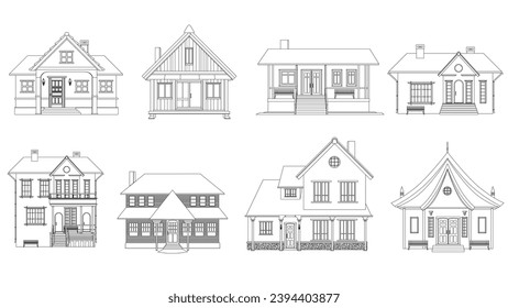 Set of black outlines of mansions and private houses isolated on white background. One-story houses and with several floors. Vector clipart.