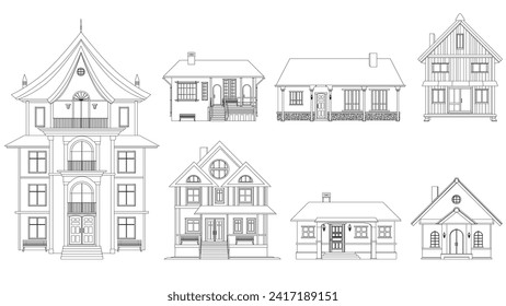 Set of black outlines of mansions and private houses isolated on white background. One-story houses and with several floors. Vector clipart.