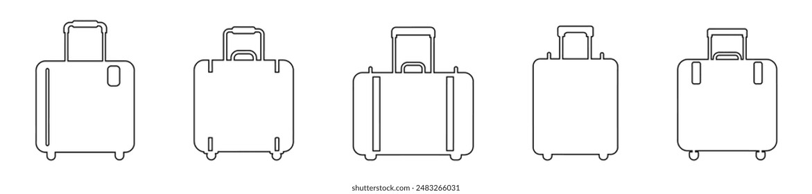 Set of black outlines of rolling suitcases, isolated on a white background. Wheeled luggage bags. Concept of travel, tourism, vacation, business trips, and luggage portability. Print, design elements