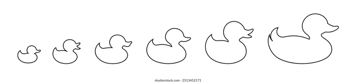 Conjunto de contornos negros de patos de goma aislados sobre un fondo blanco. Iconos de pato de juguete de baño. Concepto de minimalismo, juguete de baño, diseño simple. Impresión, icono, logotipo, Plantilla, elemento de diseño, página para colorear