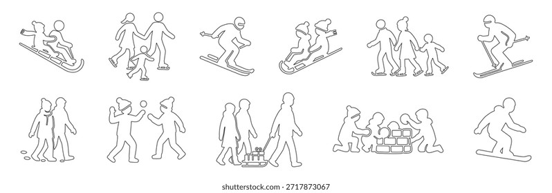 SET - Contorno negro de actividades invernales con gente en trineo y esquí, aislado sobre fondo blanco. concepto de deportes invernales, diversión en la nieve, ocio familiar, Ocio al aire libre, elemento de diseño.