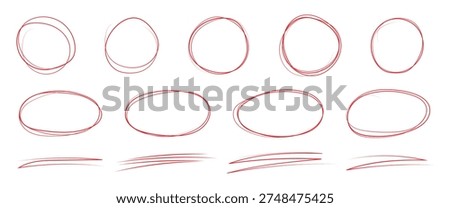 Set of black oval and circles with crayon, chalk or pastel texture. Freehand brush stroke highlight round, circular highlight frame element. red pen hand drawn doodle marks, red circle and oval stroke