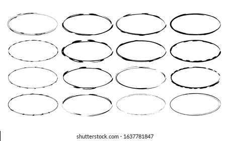 Set of black oval grunge frames. Geometric elipse empty borders collection. Vector illustration.