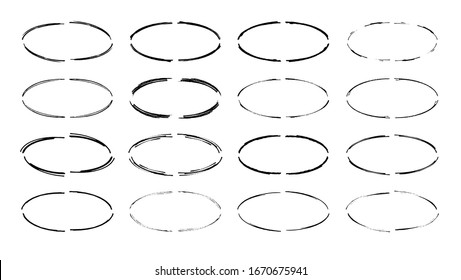 Set aus schwarz-ovalen Grunge-Rahmen. Geometrisches Element enthält eine leere Grenzsammlung. Vektorillustration.