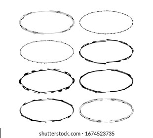 Set of black oval grunge frames. Geometric elipse empty borders collection. Vector illustration.