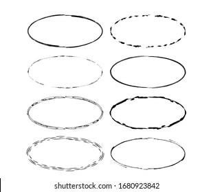 Set of black oval grunge frames. Geometric elipse empty borders collection. Vector illustration.