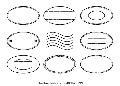 Set of black oval shape postal stamp and postmark on white background
