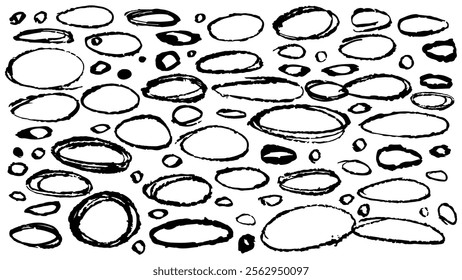 Set of black ovals drawn with chalk, hand drawn collection of different scribble lines and brush strokes, collection of hand drawn scribble, set of vector oval and circle freehand white background
