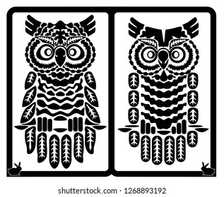 Set of black owls isolated on white background. In frame. Template. Die cut. Perfect for wall art and wall Tattoo. Set as logo. Stamp.