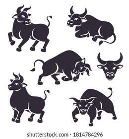 Set of Black Ox Silhouettes isolated on white. Vector illustration. Symbol for Happy Chinese New Year 2021. Attack Taurus, Sitting Cow and Longhorn Bull Head